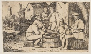 Zes boeren gebruiken een ton als tafel
