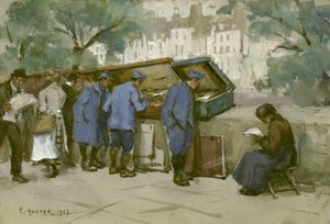 Franse soldaten en Bouquinistes langs de Seine, 1917 door Ethel Hunter