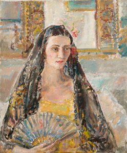 Dame met waaier, exh. 1926 (olieverf op doek) door Ethel Walker