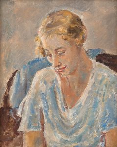 Portret van een vrouw in blauw (olieverf op doek) door Ethel Walker