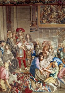 Bezoek van Lodewijk XIV aan de Manufacture des Gobelins in aanwezigheid van Jean Baptiste Colbert en schilder Charles Lebrun, 15 oktober door Etienne (studio of) Le Blond