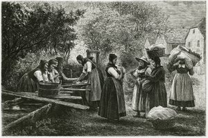 Een wasplaats in Metzeral, vrouwen in traditionele vallei-kostuums verzamelen zich bij de dorpsfontein. Gravure door E. Ronjat, ter illustratie van het verhaal 