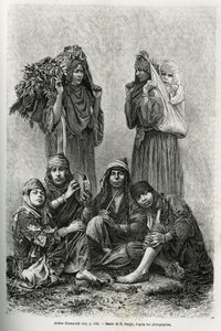 Arabs Ghawarineh, nomaden uit het Dode Zee-bekken. Gravure ter illustratie van het verhaal van het huidige Syrië door M. Lortet, decaan van de Faculteit Geneeskunde van Lyon, gepubliceerd in de Tour du monde