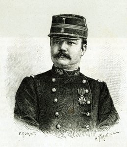 Portret van kapitein Valliere, van de marine-infanterie, tijdens de expeditie naar Afrika onder het bevel van Gallieni. Gravure door E. Ronjat, naar een foto, ter illustratie van het verhaal 
