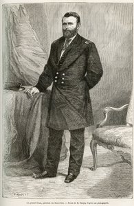 Portret van Ulysses Grant (1822-1885), Amerikaanse generaal, leider van de Unie-troepen tijdens de Secessieoorlog en 18e president van de Verenigde Staten (Verenigde Staten) voor twee termijnen van 1869 tot 1877. Gravure naar de tekening van E.Ronjat, ter 
