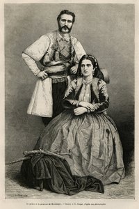 Portretten van de prins van Montenegro Nicholas I Petrovicz Niegosch (1841-1921) en zijn vrouw, Milena, geboren Voukovich (1847-1923), tekening door E. Ronjat, ter illustratie van de reis naar Montenegro, in 1874, door Charles Yriarte (1832-1898). Gravure 