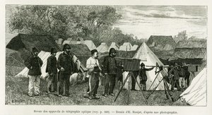 Beoordeling van optische telegrafie-apparatuur. Gravure door E.Ronjat, ter illustratie van het verhaal Trente mois au Tonkin, in 1884, door dokter Paul Hocquard, in le tour du monde 1890, onder leiding van Edouard Charton (1807-1890), Hachette, Parijs.