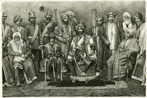 De maharadja van Kasjmir, Rambhir Sing en zijn hof. Gravure door E. Ronjat, ter illustratie van het verhaal 