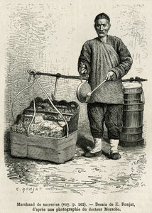 De suikerhandelaar slaat op een platte trommel om aandacht te trekken voor zijn gedroogde abrikozen, gekonfijte appels en karamel berlingots, wandelend bij de Oriëntaalse Bloemenpoort van het Keizerlijk Paleis in Peking. Gravure naar de tekening van E.Ronj