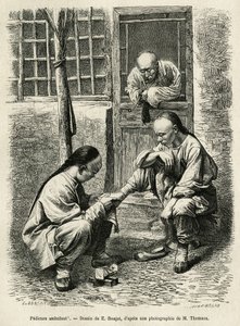 De wandelende pedicure, een veelvoorkomend tafereel uit het dagelijks leven in Chinese steden. Gravure naar de tekening van E. Ronjat, ter illustratie van de reis naar Peking en Noord-China, door T. Choutze, in 1873, gepubliceerd in 