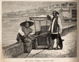 Twee dragers rusten naast hun rolstoel in Hong Kong, gravure naar een tekening van E. Ronjat ter illustratie van de reis naar China, door J. Thompson, 1870-1872, gepubliceerd in 