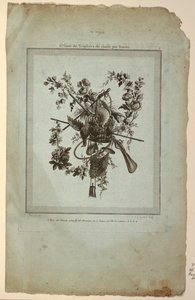 Trofee met Jachtgereedschap, Plaat 1 uit "Suite de Trophées de chasse," Suite VI door Etienne Claude Voysard