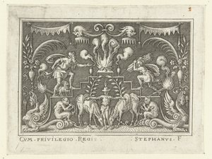 Abraham gaat Izaäk opofferen Vlakdecoraties met scènes uit het Oude Testament in een omlijsting van grotesken door Etienne Delaune
