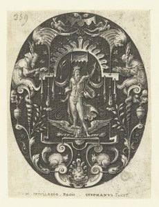 Jupiter met zijn adelaar aan zijn voeten (Ovalen met goden, omringd door grotesken) door Etienne Delaune
