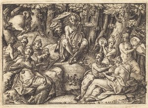 Apollo op de berg Parnassus door Etienne Delaune after Niccolò dell