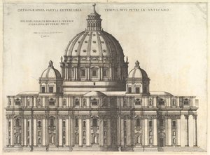 Speculum Romanae Magnificentiae: Verhoging die de Buitenkant van de Sint-Pietersbasiliek toont door Etienne Duperac