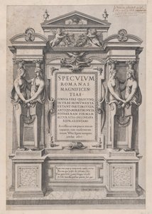 Speculum Romanae Magnificentiae: Titelpagina gegraveerd binnen architectonische en sculpturale decoraties, 1573-77