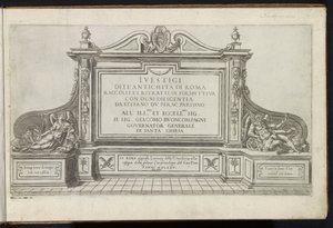 Titelprent met een monument met titel, geflankeerd door Faam en Vadertje Tijd door Etienne Duperac