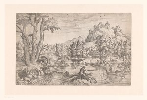 Landschap met visser en kasteel op bergtop door Etienne Dupérac (attributed to)