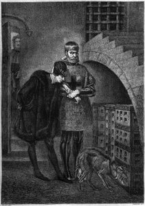 Koning Lodewijk XI van Frankrijk (1423-1483) bezoekt de gevangene Jean de La Balue (Kardinaal Balue) (1421-1491), opgesloten in een ijzeren kooi. Gravure door Bocour naar het schilderij van Gerome door Etienne Gabriel Bocourt