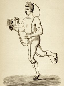 Loper voorzien van het apparaat bedoeld om zijn verschillende passen te registreren, uit de Popular Science Monthly, gepubliceerd 1875 door Etienne Jules Marey