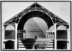 Bibliothèque Royale de France, doorsnedetekening van het gebouw. Architectuur door Etienne Louis Boullee (Etienne-Louis Boullee), Franse architect (1728-1799)