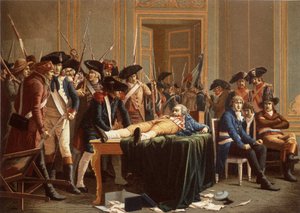 De ochtend van de 10e Thermidor Jaar II; Maximilien de Robespierre, met een gebroken kaak, uitgespreid op een tafel door Etienne Lucien (after) Melingue