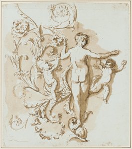 Een vrouwelijke naakt van achteren gezien, met twee putti, tussen acanthusblad decoratie