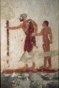 Een oude man vergezeld door een jonge man (Fresco, detail, 530 v.Chr.)