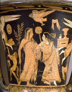 Klokvormige krater met de vernietiging van Troje (detail met Dionysos en Ariadne)