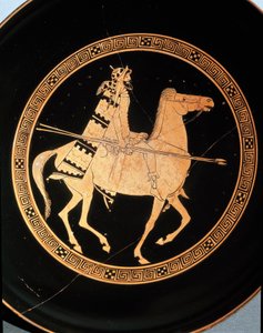 Etruskische oudheid: detail van een kylix die een ruiter voorstelt. Van Falerii Veteres (Civita Castellana) 5e eeuw v.Chr. Rome, Museo Nazionale di Villa Giulia door Etruscan