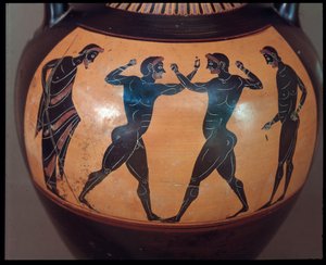 Etruskische beschaving: Terracotta amphora met een boksscène (detail)