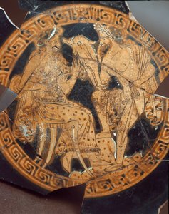 Etruskische oudheid: detail van een kylix die Poseidon en Amphitrite voorstelt. Uit Falerii Veteres (Civita Castellana) 6e eeuw v.Chr. Rome, Museo Nazionale di Villa Giulia door Etruscan