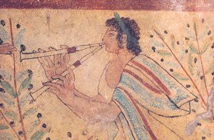 Etruskische kunst: een fluitspeler. Detail van een fresco in het Graf van de Luipaarden, in de necropolis van Monterozzi, Italië, begin 5e eeuw v.Chr. (fresco) door Etruscan