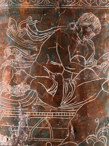 Etruskische kunst: detail van de bronzen Ficoroni Cistus die de legende van de Argonauten voorstelt: het schip van Argos. Uit Preneste (Palestrina). 340 v.Chr. Museo Nazionale di Villa Giulia, Rome door Etruscan