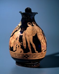 Etruskische beschaving: terracotta oenochoe versierd door het atelier van de schilder van Alcesti