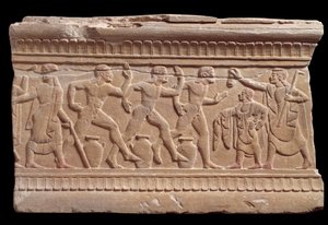 Reliëf met een race van atleten van een marmeren mijlpaal van Chiusi, Italië, 6e eeuw v.Chr.