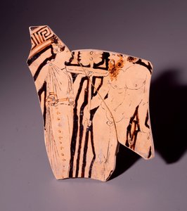 Terracotta fragment van kylix die een maenade en een sater voorstelt, 350 v.Chr. door Etruscan