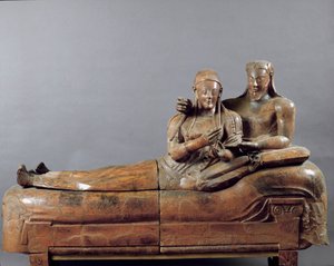 De bruiden (gebeeldhouwde groep) (terracotta sarcofaag uit Cerveteri, 6e eeuw v.Chr.)