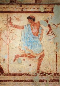 Graf van de Triclinium, detail van fresco die een danser afbeeldt, Tarquinia, Italië (muurschildering)