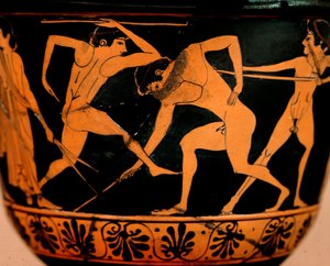 Etruskische kunst: pyxis versierd met een palestra scène, atleten oefenen speerwerpen uit Cerveteri. Rome, Museo di Villa Giulia door Etruscan Etruscan