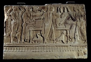 Etruskische oudheid: Plaque van een grafsteen. Tentoonstelling van de overledene op haar doodsbed. Parijs, Musee Du Louvre