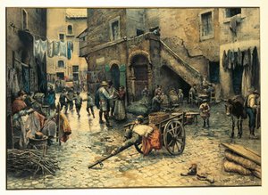 Italië, Rome, Straatleven op Via Capocciuto in (Joodse) Ghetto in Rome door Ettore Roesler Franz