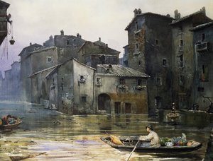 Via della Fiumara overstroomd in Rome, door Ettore Roesler Franz (1845-1907), aquarel, Italië door Ettore Roesler Franz