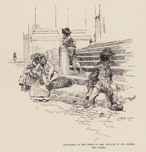 Loungers op de trappen van de Kerk van Santa Maria del Popolo (gravure) door Ettore Tito