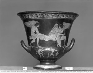 Attische roodfigurige calyx krater die Hypnos en Thanatos toont die het lichaam van Sarpedon dragen (keramiek)