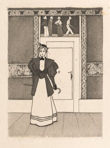Interieur met jonge vrouw in wandelkostuum door Eugen Kirchner