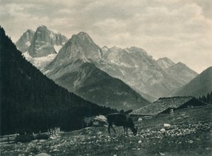 Uitzicht op de Brenta-groep met alpenweide, Madonna di Campiglio, Dolomieten, Italië, 1927 door Eugen Poppel