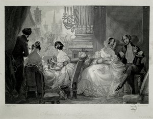 Interieur van de Opera van Parijs, mensen in een loge (gravure)