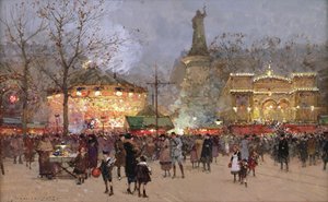 Feest, op de Place de La Republique, Parijs door Eugene Galien Laloue